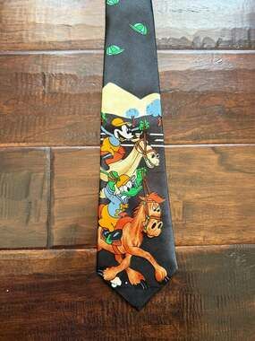 Vintage Gold City Mickey Mouse and Donald Duck Horse Riding Silk Necktie